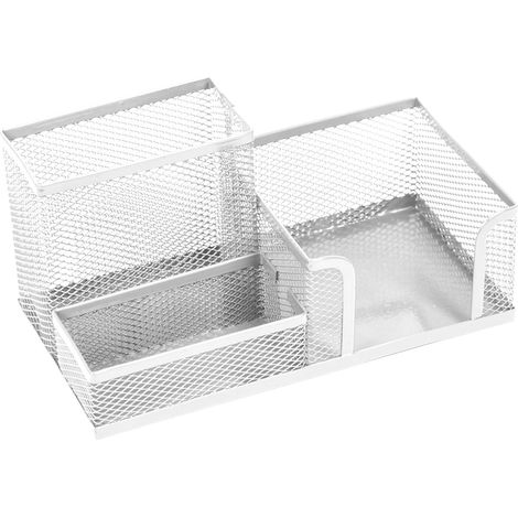 Organiseur de bureau , Pot à crayons en métal , Rangement de bureau avec porte-notes en maille , 205 x 103 x 98 mm couleur nacre