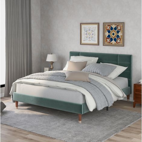 Cama tapizada clásica 140x200 cm de terciopelo verde con cabecero acolchado, somier de láminas y colchón H3 incluido (1/5)