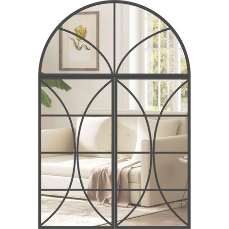 Miroir mural arqué 80 x 120 cm, lot de 3 pièces, miroir verrière forme fenêtre, verre trempé et métal noir, décoration intérieure moderne, design industriel, grand miroir cadre métallique. (1/5)