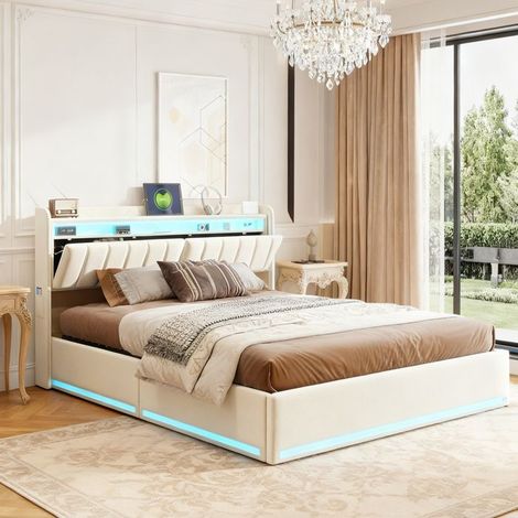 Letto contenitore, letto matrimoniale, letto per adulti, letto 160x200 con rete, letto imbottito, con leva idraulica, velluto, beige