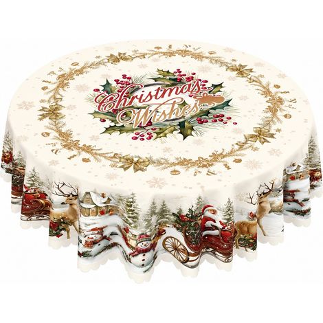 Nappe de Noël ronde, en polyester, motif sapin, Père Noël et bonhomme de neige, 152 cm, modèle 1  nappe ronde 180 x 180 cm, modèle 6. (1/2)