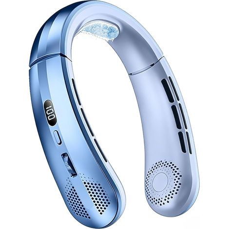 Ventilatore da collo senza pale a 100 velocità - Display digitale, batteria da 5000 mAh, raffreddamento in ceramica - Blu (1/4)
