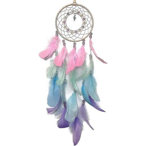 Rêveur coloré, filet rond en plumes fait main, style amérindien, décoration murale suspendue pour chambre d'enfant. Artisanat décoratif. (1/4)