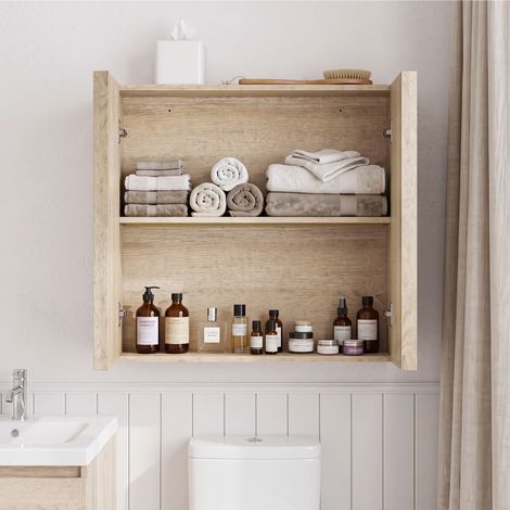 DESMIU Armoire de salle de bain murale 2 portes, rangement fermé pour salle de bain, MDF, aspect chêne, 60 × 21,6 × 58 cm (1/5)