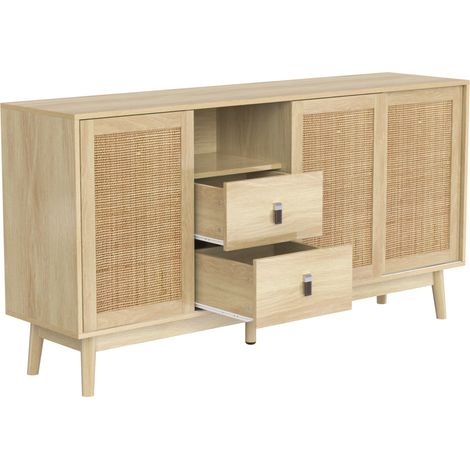 Aparador con 3 puertas correderas de ratán natural y 2 cajones 155x38x80 cm color madera HOMVRA (1/5)