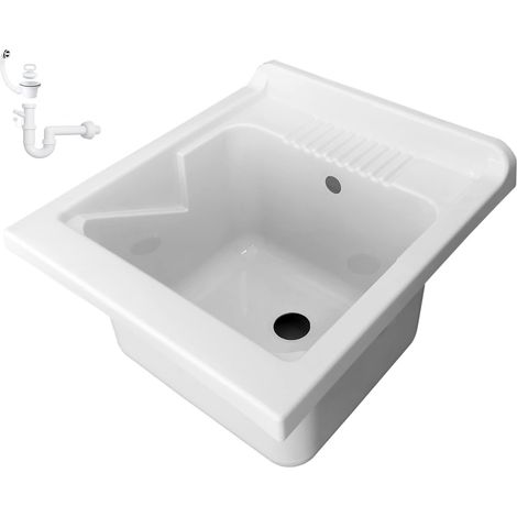 Negrari Vasca Lavatoio in resina PP 45x50 cm (per sostituzione o incasso) Completa di Sifone e Piletta, Bianco (1/5)