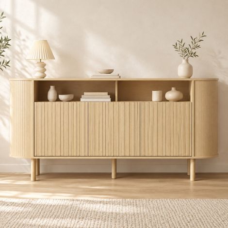 Aparador 160 x 40 x 78,5 cm con 3 puertas onduladas, hueco abierto, madera natural OKMYHOME (1/5)