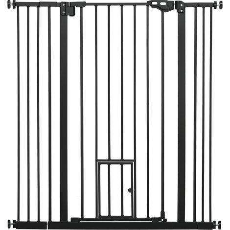 Extra Tall Pet Gate, Indoor Dog Safety Gate, with Cat Flap, Auto Close, 74-101cm Wide - Black