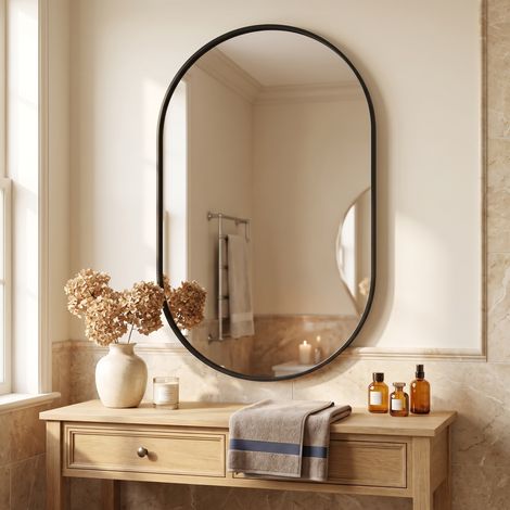 Miroir Mural Ovale 50x75 cm, miroir anti-éclatement HD, cadre en alliage d'aluminium, moderne, Noir (1/5)