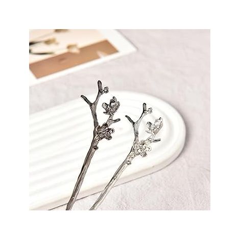 Lot de 2 épingles à cheveux chinoises vintage rétro pour chignons - Accessoires de cheveux pour femmes et filles - Argenté et noir (1/5)