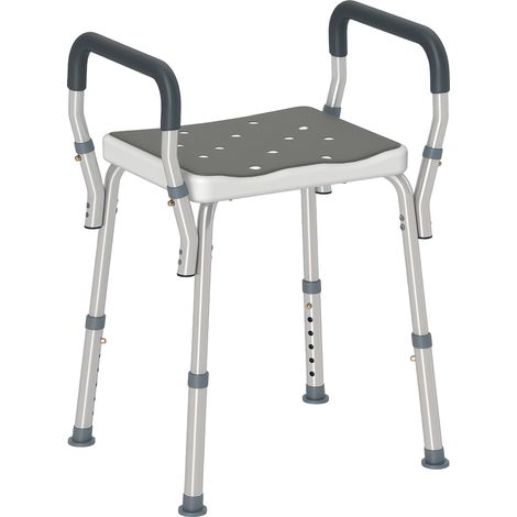 Verstellbarer Duschhocker mit Armlehnen und Abflussloch aus Aluminium, 52 x 45 x 57–69 cm, Grau