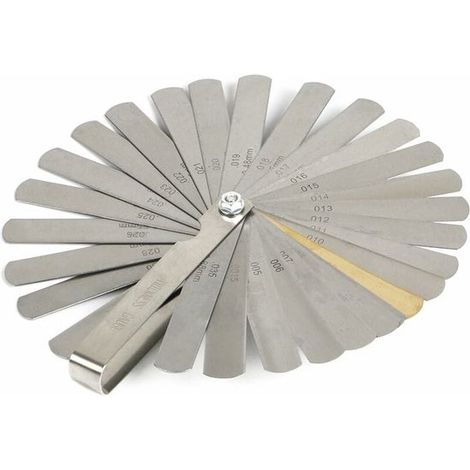 Calibre de espesores, 32 láminas, 0,0015-0,035 pulgadas, Acero inoxidable, Plateado, Doble marcado métrico/imperial