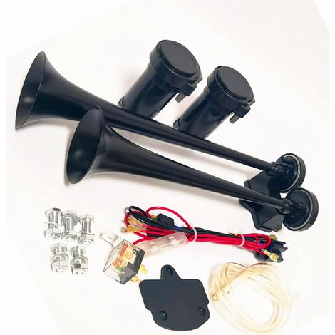 Klaxon Pneumatique 165db Chrome Zinc Noir Double Tube Trompette 24V pour Camion, Bateau, SUV - Tonalité Haute et Basse avec Deux Pompes à Air (1/5)