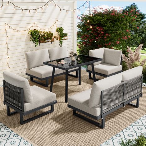 Garten-Essgruppe,Gartenmöbel-Set, Garten-Loungesessel-Set, Ecksofa, Outdoor-Relaxbett, Esstisch,Kann in ein Liegebett umgewandelt werden, verzinkter Stahl, graubeige