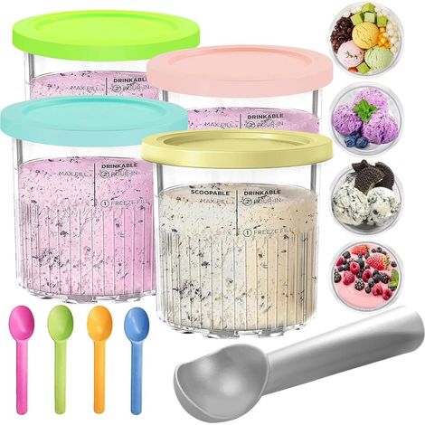 Contenitori per gelato compatibili con NC500 NC501 [4 vasetti riutilizzabili in plastica trasparente con coperchi colorati + cucchiai/palette] (1/4)