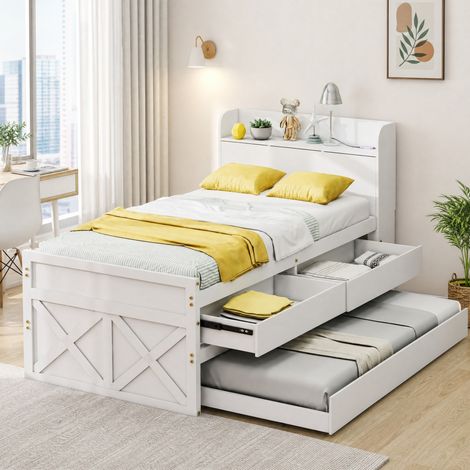 Einzelbett 90x190 cm Weiß Massivholz mit ausziehbarem Bett, Schubladen und Nachttisch mit USB-Anschluss (1/5)