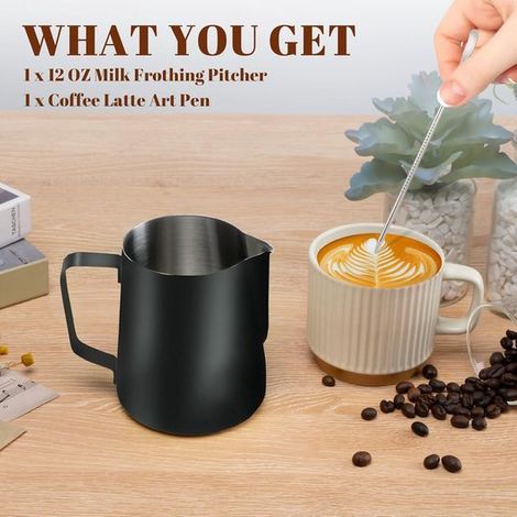 Milchkännchen 350 ml Edelstahl-Milchaufschäumkännchen Milchaufschäumer und Latte-Art-Stift aus Edelstahl 304 Barista-Zubehör für Espresso und schwarz (1/4)