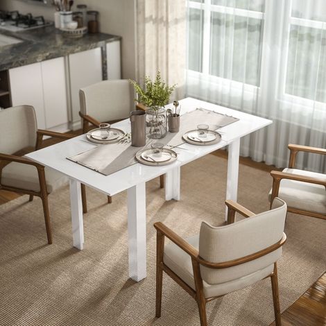 Mesa de comedor extensible 120x80x78 cm, mecanismo mariposa, superficie brillante, MDF blanco (1/5)