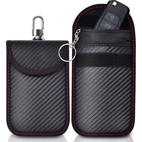 ZVD (9x14cm) Etui Anti RFID Signal Faraday Pochette Sac, Lot de 2 Pochettes Blocage Signal pour Clé Voiture en Fibre de Carbone, avec 2 porte-clés en métal Noir (1/4)