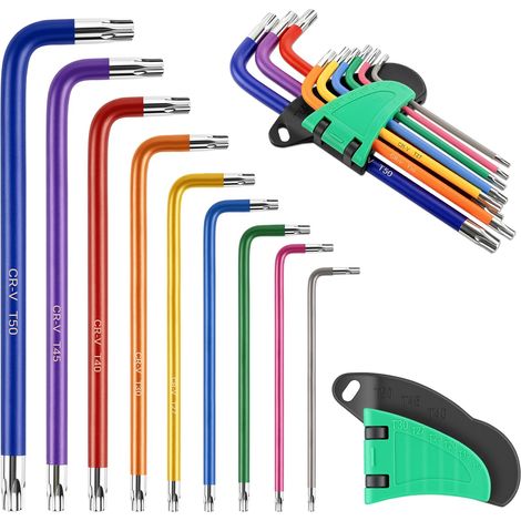 Lot de 9 clés Allen Torx T10-T50 antidérapantes à long bras étoile, code couleur pour vélo, véhicules, assemblage de meubles (1/4)