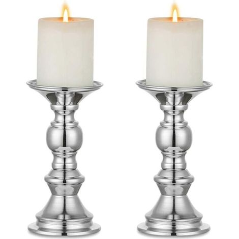 Bougeoir pilier Silver, centre de table de mariage, bougeoir en métal pour bougies de 50 mm, décoration de table, idéal pour mariage, occasion spéciale, fête, salon, lot de 2 (1/4)