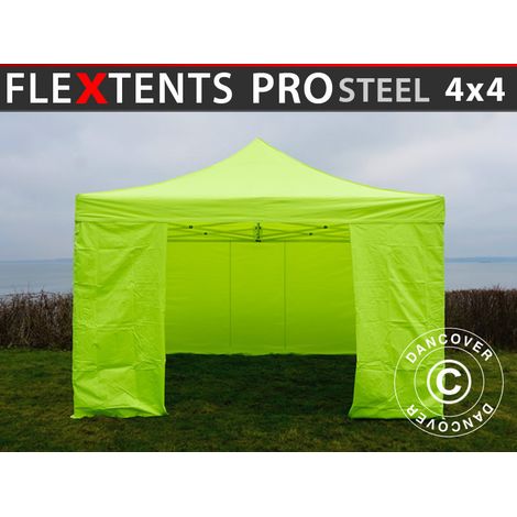Gazebo pieghevole FleXtents PRO Steel 4x4m Giallo Fluo/verde, inclusi 4 fianchi (1/5)
