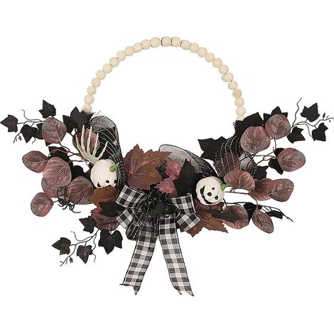 Couronne murale Halloween demi-lune, feuillage érable citrouille fantôme squelette araignée perles blanches décoration intérieure automne (1/5)