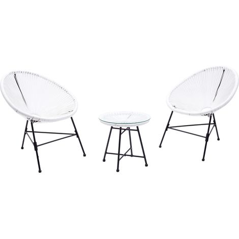 Concept-Usine – Salon de jardin 2 fauteuils ronds et table basse blanche – Structure en acier epoxy – Assise en polyéthylène pour confort – Dimensions table 45x45x46cm