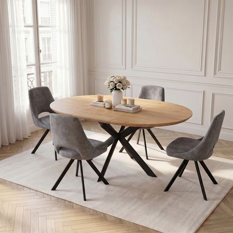 Ensemble de table à manger ronde extensible, plateau rond en MDF finition chêne (110-150 cm), style moderne et contemporain pour la salle à manger et la cuisine (4 chaises, Flanelle, Gris)
