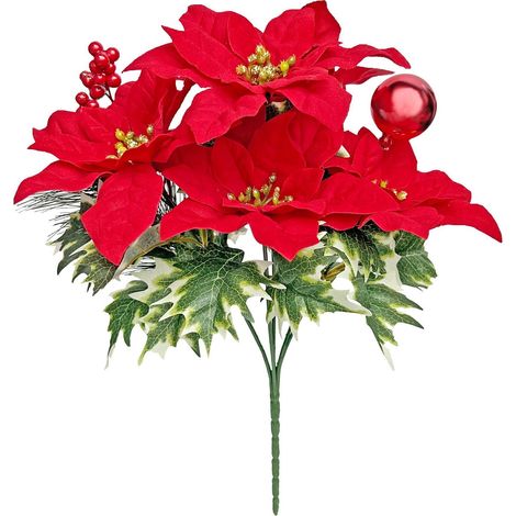 Bouquet De Poinsettia Artificiel - 7 Branches - Pour Centre De Table Et Décoration De Noël Intérieure Extérieure - Rouge - 1 Pièce (1/5)