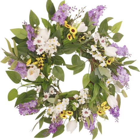 Corona artificial de lavanda y tulipanes – 50 cm de diámetro, elaborada con esmero y multicolor para decoración de interiores y exteriores. (1/5)