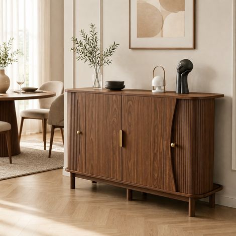 Credenza 140 x 40 x 88 cm in MDF, 2 ante scorrevoli, finitura noce HAVRYA (1/5)