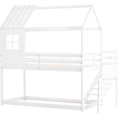 Litera, cama con escalera esquinera, cama casita, cama infantil con protección contra caídas y barrera, con ventana, estructura de pino, blanco (200x90cm) (1/5)