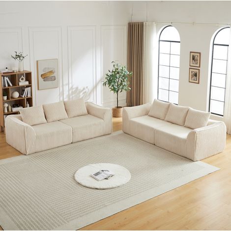 Sofa aus Cord und Schaumstoff in Beige, modulares Design, geschwungene Rücken- und Armlehnen, keine Montage (1/5)