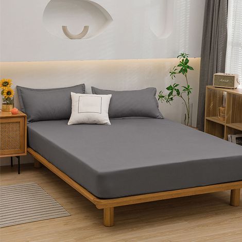 Drap-housse en pur coton lavé, couleur gris foncé, 180 x 200 cm, anti-poussière, doux et respirant, idéal pour la maison. (1/5)