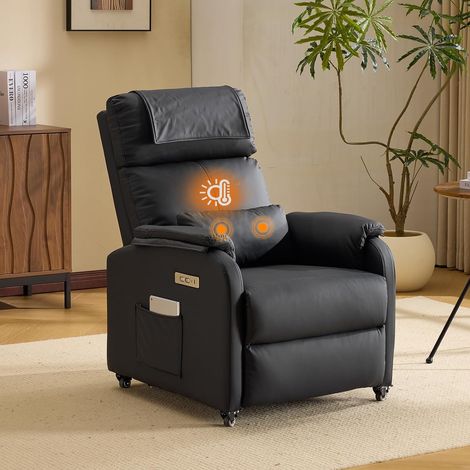 Fauteuil Massant, Fauteuil de Relaxation avec 2 Points de Massage et Chauffage, Dossier et Repose-Pieds Réglable Automatiquement, Équipé d'un Appui-tête et Un Coussin, Noir, Cuir (1/5)