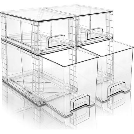 Set of 4 Clear Acrylic Stackable Storage Drawers, Easy Mount Organisers for Kitchen, Bathroom, Under Sink, Closet, Pantry (1/5)
