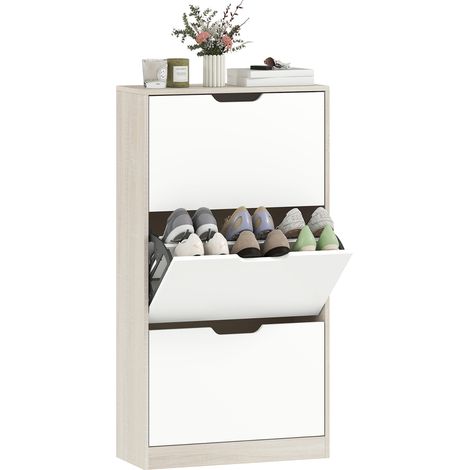 Scarpiera stretta con 3 ante a soffietto, capacità 18 paia di scarpe, dimensioni 62,5x26x117,5 cm, colore rovere e bianco.