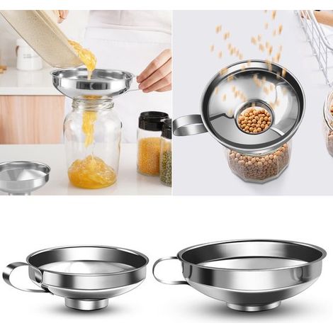 Set di 2 imbuti per conserve in acciaio inox (grande + piccolo) con ampia apertura per barattoli di conserve larghi e standard, in acciaio inox per uso alimentare. (1/5)