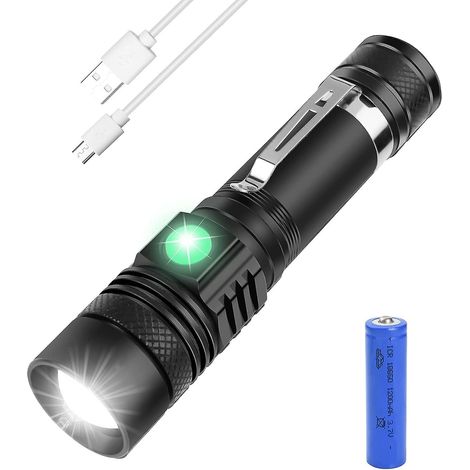Wiederaufladbare LED-Taschenlampe mit USB-Anschluss und 4 Leuchtmodi, stoßfest, wasserdicht, zoombar, inklusive 1 x 18650-Akku und USB-Ladegerät – ideal für Zuhause, Camping und Notfälle (1/5)