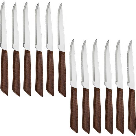 Set 12 Coltelli da Bistecca pizza Professionali Acciaio Inox 22 cm Lama a punta Seghettata da 11 cm Manico in Polipropilene Effetto Legno Mogano Lavabili in Lavastoviglie Made in Italy