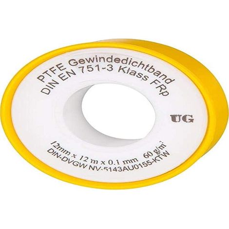 UG Nastro di tenuta filettato (nastro in teflon) FRp per filettatura fine DN10 secondo DIN EN 751-3, 12 mm x 0,1 mm x 12 m (60 g/m²), giallo, impermeabile, 20 pezzi