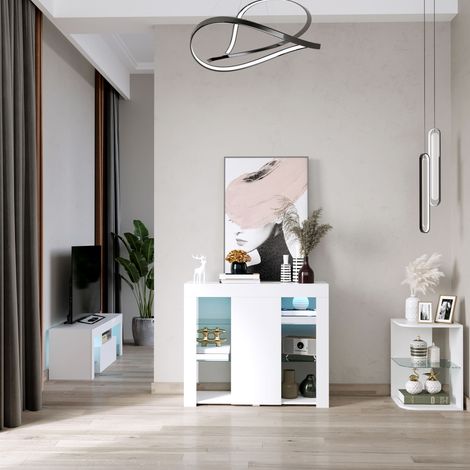 Buffet moderne HOMCOM avec éclairage LED, 1 porte laquée brillante, fermeture à pression, étagères réglables et télécommande, 97 x 35 x 83 cm, blanc (1/5)