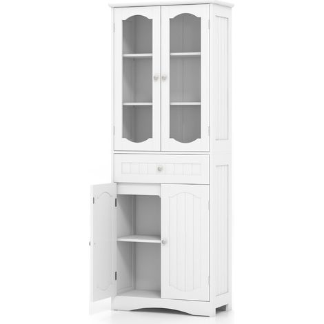 Mobile contenitore alto 60 x 30 x 160 cm 2 ante in vetro 2 ripiani regolabili stile moderno MDF bianco 200018063