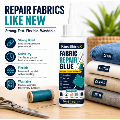 KineShineX Textilreparaturkleber – Nadelloser Textilkleber zur Reparatur von Löchern, Nähten und eingerollten Säumen in Kleidung (1/5)