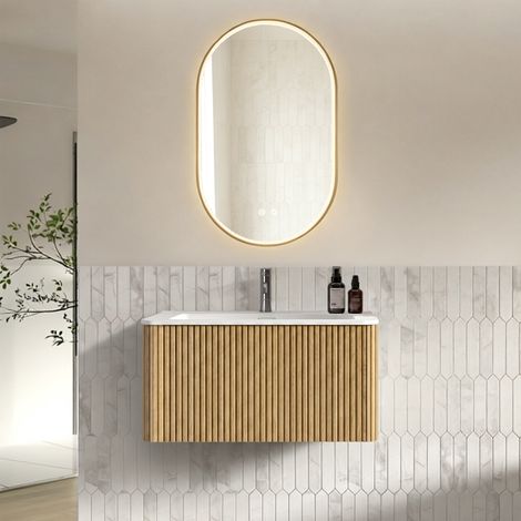 Meuble vasque de salle de bains, vasque incluse, coloris chêne (1/5)