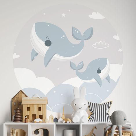Sticker mural rond / cercle Enfants - Baleines - Diamètre 50 cm - Adhésif MAT (1/2)