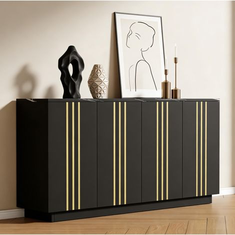 Credenza soggiorno 140x35x70 cm, 4 ante, ripiani regolabili, linee dorate, pannello truciolare, nero (1/5)