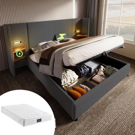 Lit double rembourré 160 x 200cm lin gris, chevet, lampe lecture, USB Type-C, cadre bois / métal, avec matelas inclus
