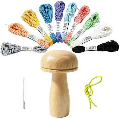 Kit da cucito a forma di fungo in legno – 10 fili colorati + ago + elastico – Per rammendare calze, maglioni, tessuti a maglia – Strumento per pizzi – Regalo fai da te – 11×5,8 cm (1/5)